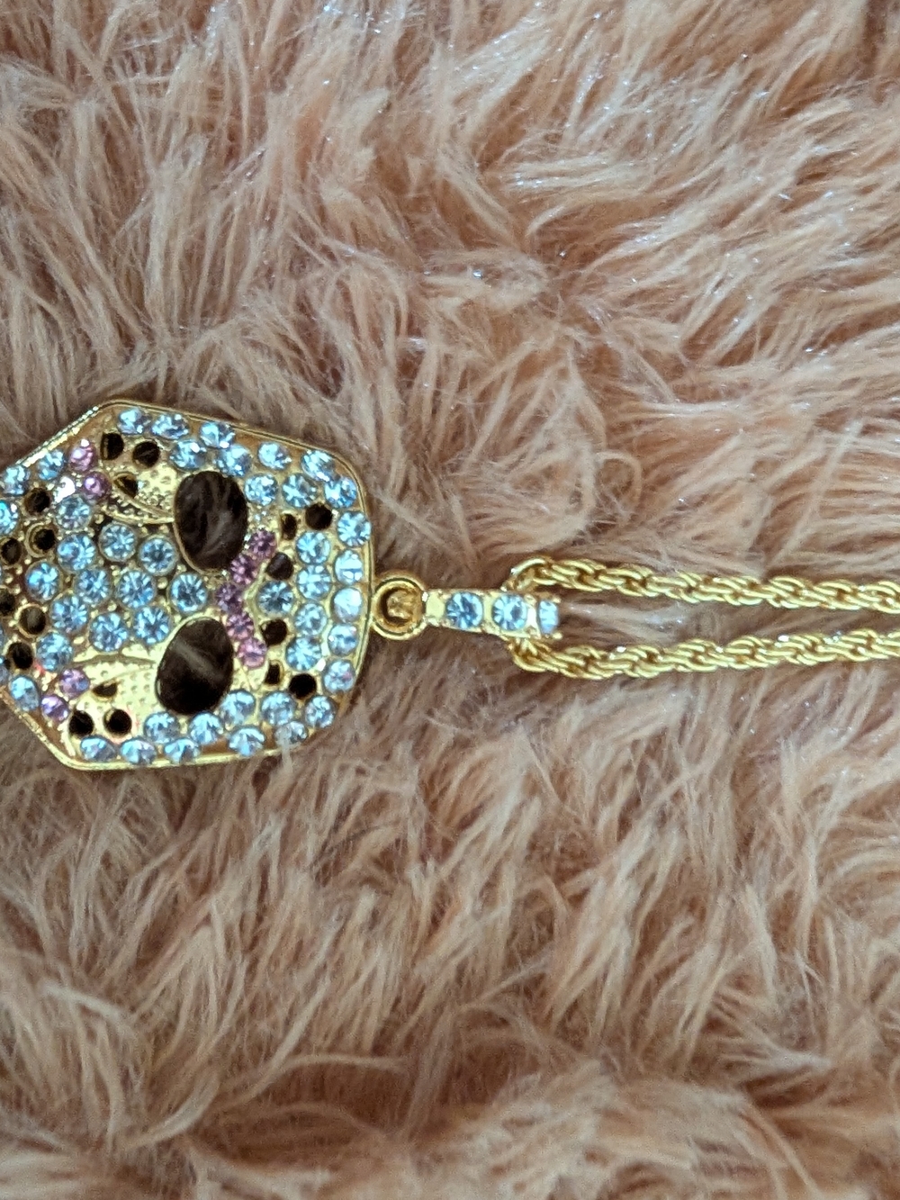 JASON HALLOWEEN Gold Pink Pendant Necklace with Clear Crystals